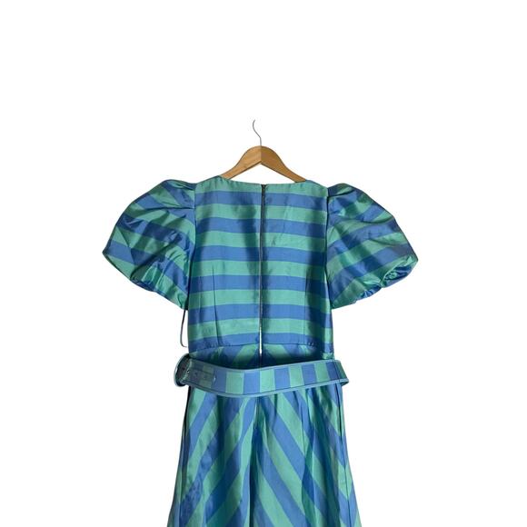 Rebecca Vallance Seychelles Blue Stripe Puff Sleeve Belted Mini Dress Size 8 - Picture 11 of 16
